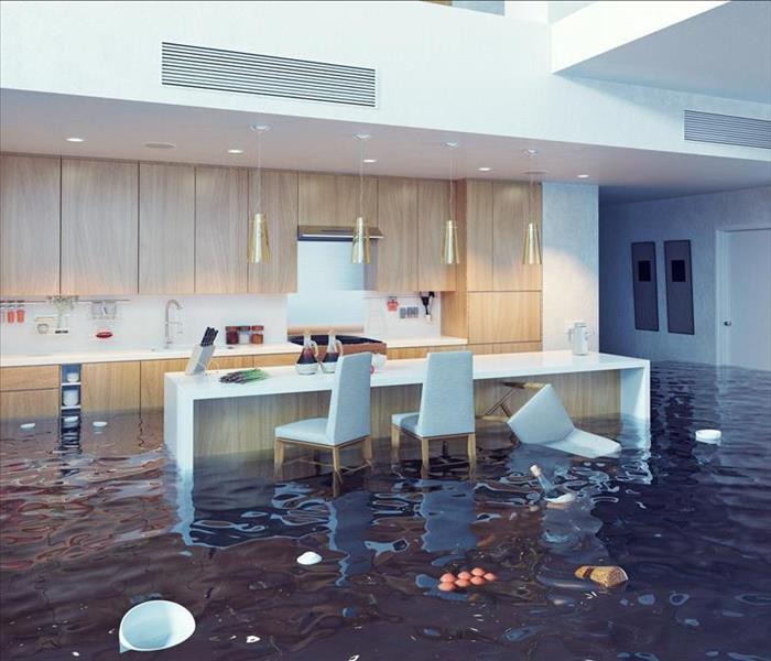 flooding in luxurious kitchen interior. 3d creative illustration