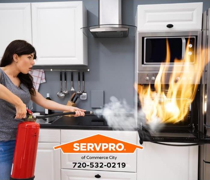 A person uses a fire extinguisher to put out a kitchen fire.